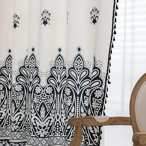 Image of Black Damask Curtains 96 Inches Long, Boho Farmhouse Light Filtering Rod Pocket Drapes with Tassel Trim for Bedroom Living Room, 2 Panels