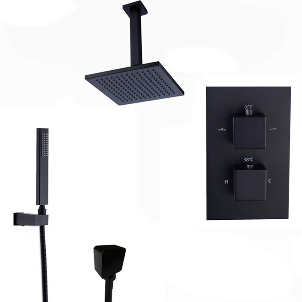 OZBMA Ceiling Mounted Black Brass Thermostatic Faucets Bathroom Faucet Set Mix Valve with 8-12" Rainfall Shower Head and Handheld Head, Luxury Set,8Inhc,12inch (10inch) (10inch)