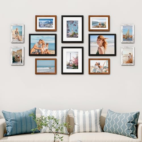Image of Vittanly 12 Pack Picture Frames Collage Wall Decor for Mounting or Tabletop, Gallery Wall Frame Set for Family, Multi Sizes Including 8x10, 5x7, 4x6, Black & Walnut Brown & Distressed White