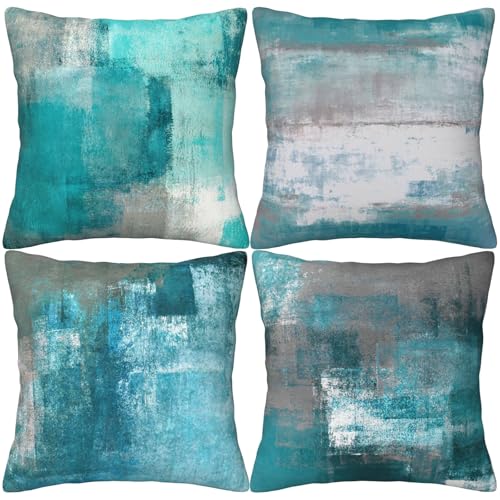 HOSTECCO Teal Cushion Covers 45x45 cm Pack of 4 Turquoise Pillow Cases Abstract Modern Decorative Pillow Covers for Sofa Couch Living Room