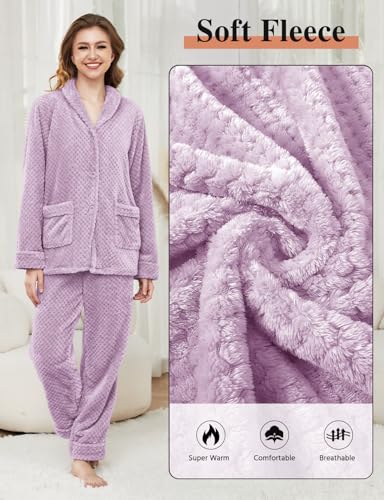 Women's Fleece Pajama Sets with Pockets, Long Sleeves Button Front Warm Pajamas Winter Sleepwear with Notched Collar3