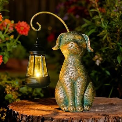 RS FURISON Solar Garden Decor Dog Statues with Lantern,Waterproof Resin Solar Outdoor Statue Decoration for Yard, Lawn, Flower Bed, Backyard, Front Yard, Patio, Balcony – Gift for Dog Lovers