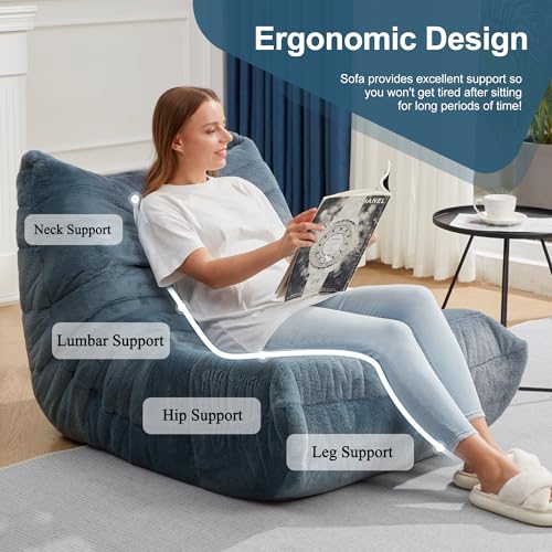 Image of Hobestluk Adults Bean Bag Chair Faux Fur BeanBag Couch for Living Room | Bluegrey Plush,Ergonomic Design,Memory Foam,UltraSoft,Anti-slip Bottom,No Assembly Required,Decorative Style for Living Room