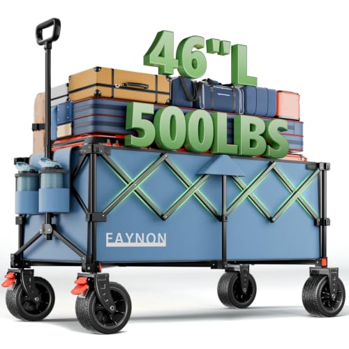 Image of 46 inch L Collapsible Foldable Extended Wagon, 500LB Weight Capacity with 280L Heavy Duty Folding Cart,Utility Wagon with All-Terrain Beach Wheel & Drink Holders,Light Blue