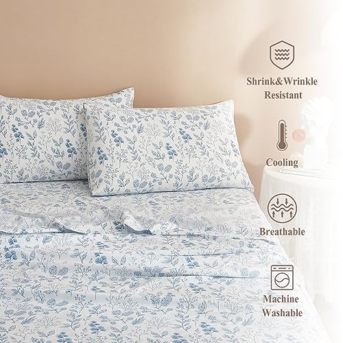 HighBuy Luxury Soft King Bed Sheet Set 4 Piece - White Sheets King Blue Floral Sheets - 16" Deep Pockets - Easy Fit Fitted Sheet,Boho Floral Sheets for Bed,Breathable Cooling Bedding Sheet Set by HighBuy - Used condition - Image 3