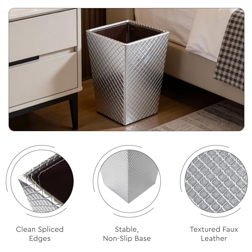 Image of Encasa XO Leather Dustbin for Home | 3 L (15x19 cm)(Small) Waste Bin for Bedroom, Washrooms, Kitchens Office, Hotel | Noise free, Floor Safe Trash Can | Textured Leather Garbage Bin - Silver