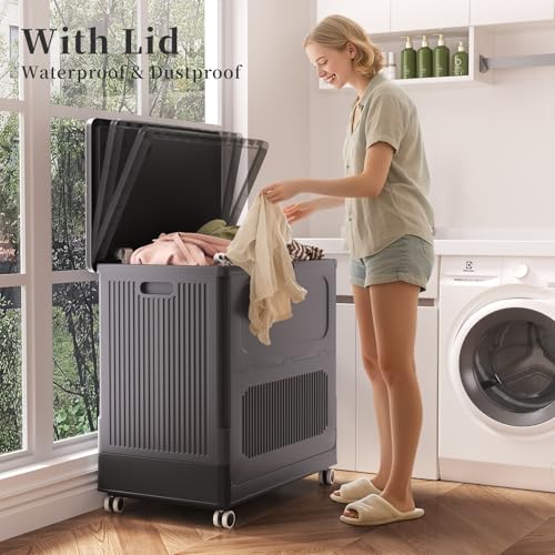 Image of HAIXIN HOME 130L Rolling Laundry Hamper with Lid, Large Plastic Laundry Basket for College Dorm, Foldable Dirty Clothes Hamper Organizer for Industry, Bedroom, Living Room, Bathroom - Black 2 Pack