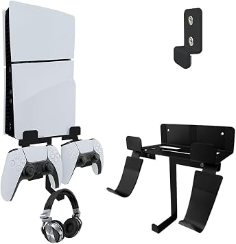 PS5 Slim Console Wall Mount Aluminum PS5 Slim Disc Digital Console Wall Shelf Mount with Controller & Headphone Holder - Black