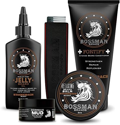 Bossman Complete Beard Kit - Men's Beard Oil Jelly, Fortify Shower Conditioner, Balm, Mustache Wax and Comb - Beard Softener, Growth, Care and Grooming Products Kit (Stagecoach)