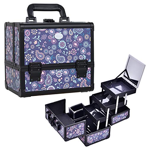 Joligrace Makeup Box with Mirror 3-Tier Trays Train Case Cosmetic Travel Organizer Lockable Portable with Brush Holder Purple