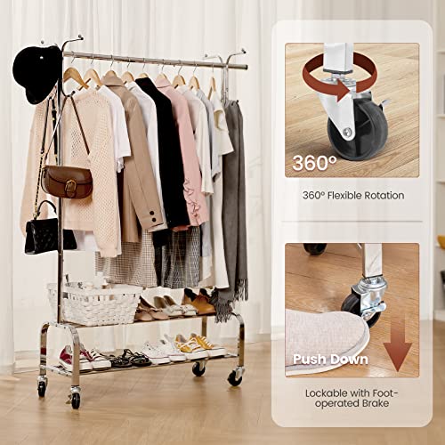 House Again Adjustable 3-In-1 Heavy Duty Clothing Rack With Shelves, 66" L, Clothes Rack For Hanging Clothes With Lockable Wheels, Rolling Garment Rack Commercial Grade, Freestanding, Chrome #TOP6