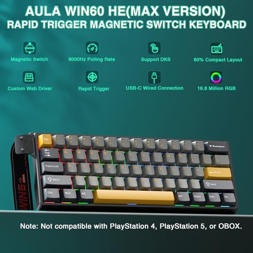 Image of AULA WIN60 HE MAX - 60% Mechanical Gaming Keyboard Wired, Hall Effect Magnetic Switches Hot Swappable, Adjustable Actuation Rapid Trigger Mode, 8000 Hz Polling Rate, 60 Percent Keyboard Compact Design