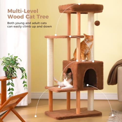 Image of 53 inch Modern Wooden Cat Tree for Large Cats with Solid Wood Posts