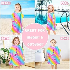 Bath Beach Pool Towel with Hood for Kids Girls, Hooded Towels Swim Poncho Towel Cover-ups for 3-8 Years with Drawstring Bag, Super Absorbent, 24 in x24 in (Rainbow Unicorn)