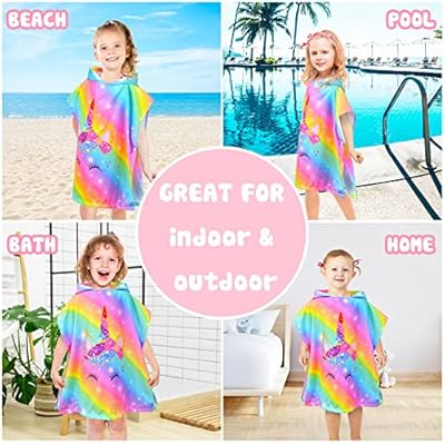 Bath Beach Pool Towel with Hood for Kids Girls, Hooded Towels Swim Poncho Towel Cover-ups for 3-8 Years with Drawstring Bag, Super Absorbent, 24 in x24 in (Rainbow Unicorn)