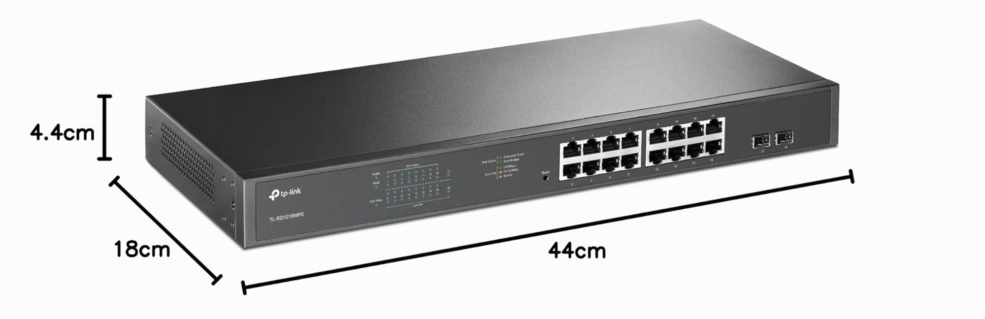 TP-Link TL-SG1218MPE-Switch Ethernet Gigabit PoE , 16x PoE+, 2xRJ45, 2xSFP | Puertos PoE+. Plug & Play, No Necesita Configuración. Diseño sin Ventilador, Silencioso. Carcasa Metálica.