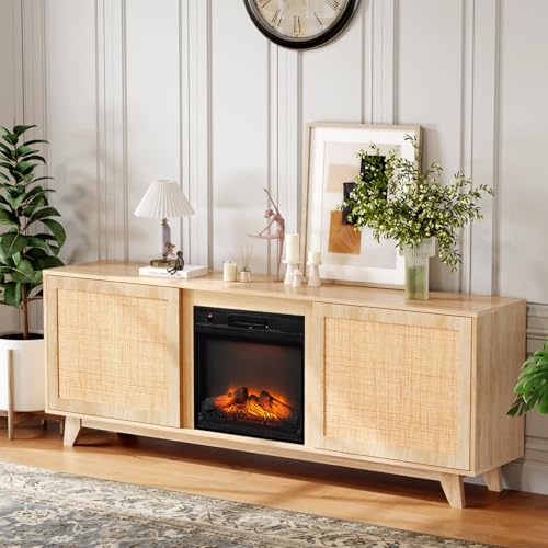 Bonnlo Electric Fireplace TV Stand with Rattan Doors, Fireplace TV...