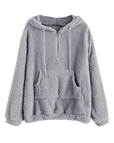 ZAFUL Women's Half Zip Kangaroo Pocket Fluffy Hoodie Long Sleeve Sweatshirt Warm Pullover (Light Gray, XL)