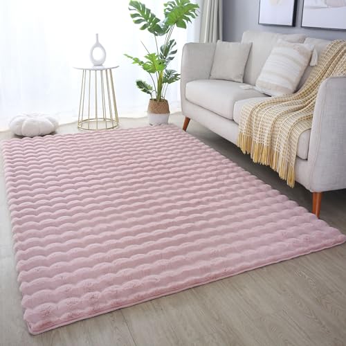 HomebyHome Hochflor Teppich - 3D Moderne Einfarbig Design für Wohnzimmer, Schlafzimmer, Kinderzimmer und Flur - Flauschiger Kunstfell Shaggy 80x150 cm Rosa - Extra Weich
