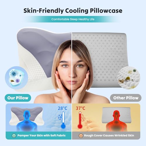 Image of DUMOS Cervical Neck Pillow, Cooling Ergonomic Memory Foam Pillows for Neck Pain Relief with Breathable Pillowcase, Dual Height Orthopedic Support Contour Pillow for Side, Back, Stomach Sleepers, Grey