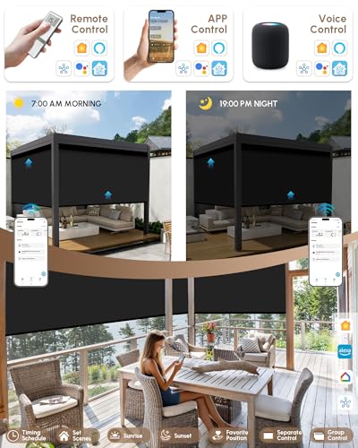 Image of Kincmo Motorized Outdoor Shades for Patio Porch, Custom Outdoor Motorized Blinds with Remote, Waterproof & Windproof Patio Shades Work with Apple Home,Alexa,Google (0% Openness Black)