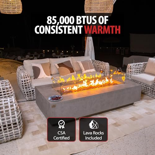 Image of AMS Creations | Savanah 72 inch Rectangular Cast Concrete Propane Gas Fire Pit Table | Light Gray | Travertine Texture Surface | Electronic Ignition | Outdoor Patio Heater Outside Backyard Fireplace
