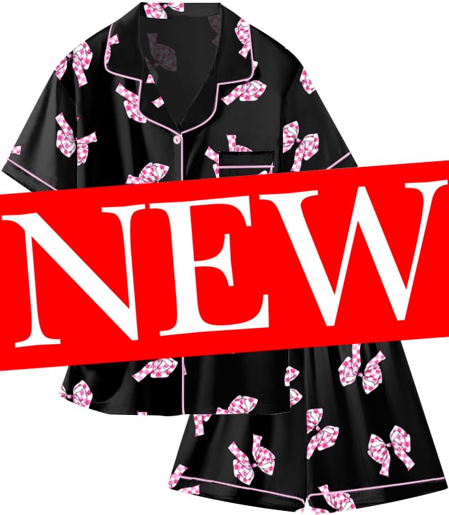 Image of Schbbbta Girls Womens Pajamas, Satin Silky Pjs Set Kids 2Pcs Button-Down Nightwear Sleepwear Gift for Mommy and me