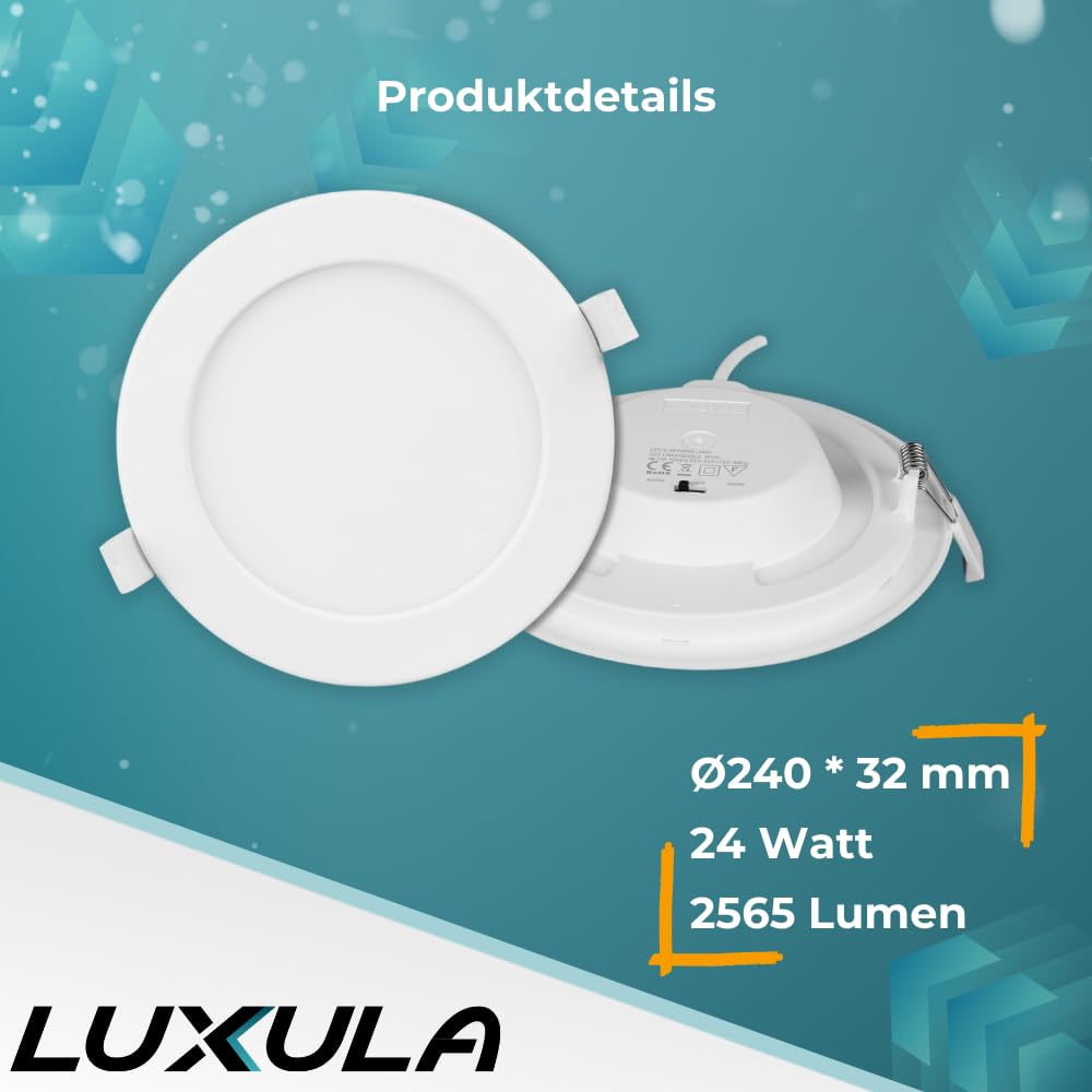 LUXULA 6x Einbaustrahler LED Spots 230V dimmbar - Warmweiß Neutralweiß Kaltweiß einstellbar - 24W 2565lm CCT Deckenspots flach Deckenstrahler IP44 Spotlight - matt weiß rund - 240x32mm