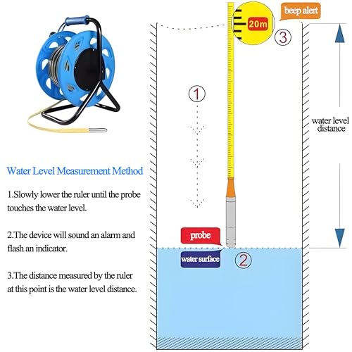 Compteur de niveau d'eau en acier inoxydable 328ft/100m, capteur d'eau souterraine de précision avec sonde IP68, ruban à lire facile pour les puits, les forages et les réservoirs Surveillance.Outil de