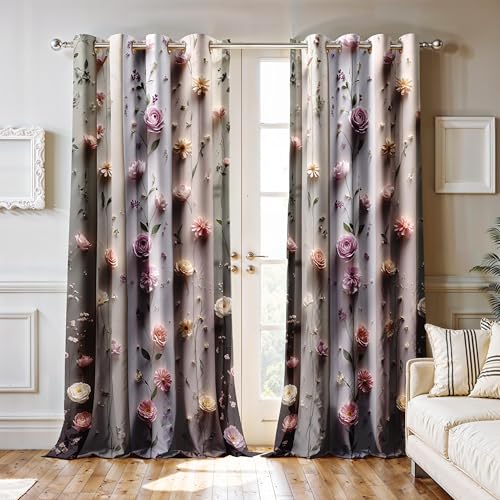 Image of Ultimate Trends Room Darkening Digital Printed 3D Prints Curtain 65-70% Opacity,Diamond Eyelets, Tie Back, Floral Decorated, 5 FEET Pack of 2,Taupe Dusty Pink