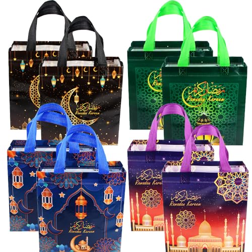 Sac cadeau Aïd Mubarak en tissu réutilisable avec poignées pour fêtes musulmanes (Lot de 8)