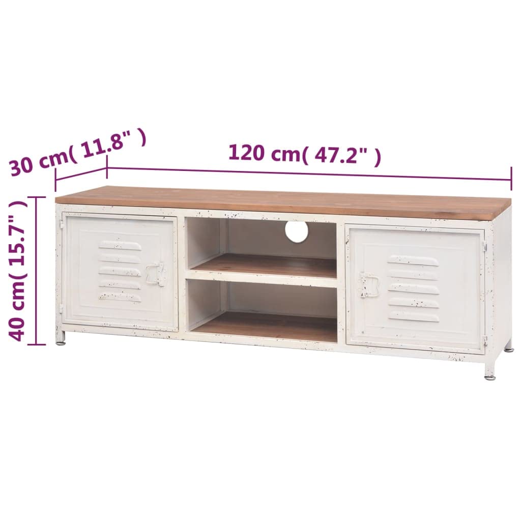 Szafka pod telewizor 120 x 30 x 40 cm, biała, styl industrialny, z ocynkowaną stalą i litego drewna jodłowego, niska szafka z miejscem do przechowywania, 2 półki i drzwi do salonu i sypialni