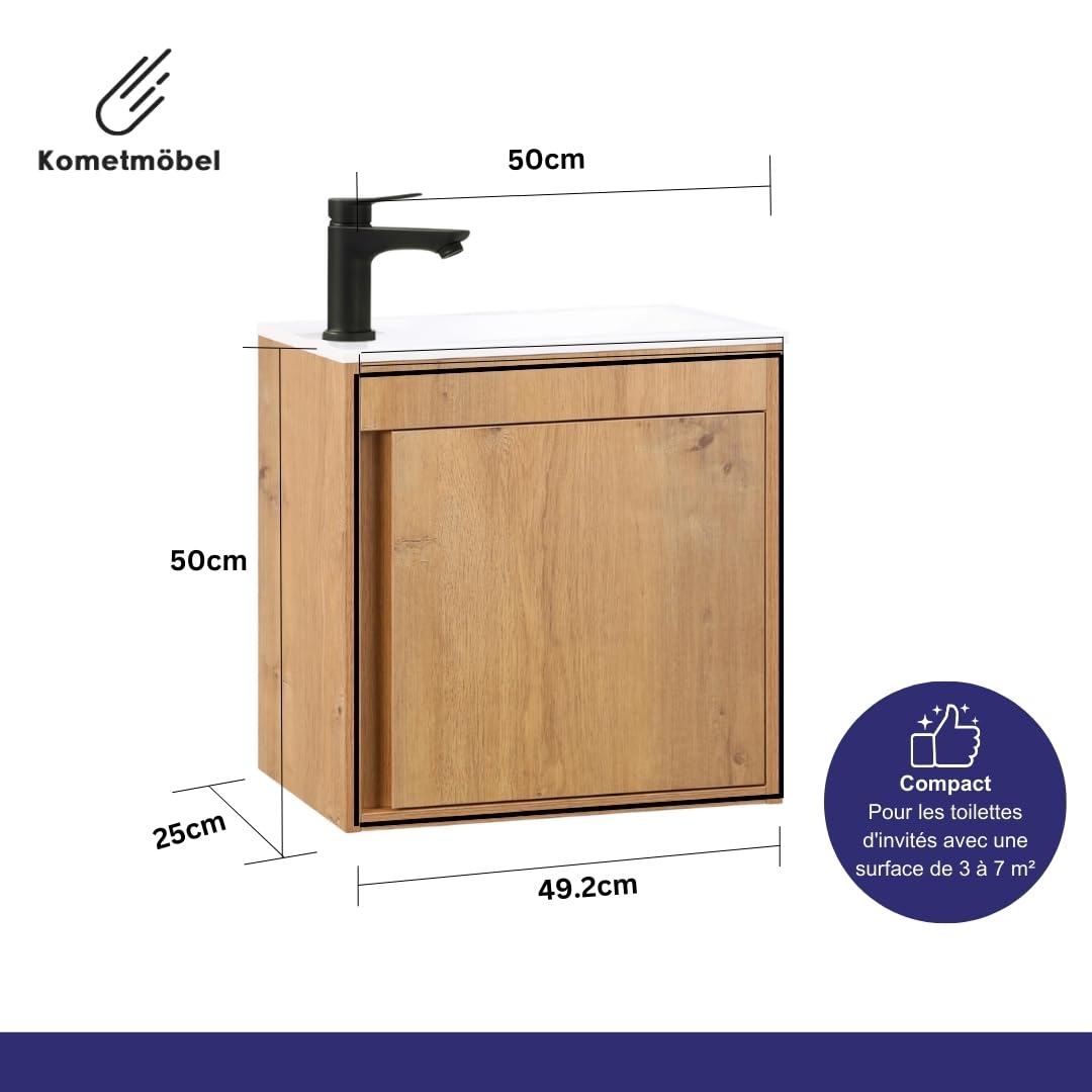 Meuble Lave Mains WC Meuble lavabo 50cm déjà monté (Chêne 50cm, sans Mitigeur)