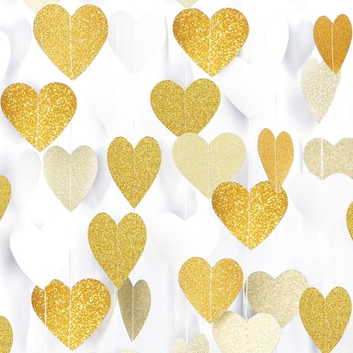 Image of White-Gold Champagne Party-Decorations Graduation Heart Garland Streamers - 39Ft Bachelorette Engagement Hanging Paper Banner, Bridal Baby Shower Wedding Birthday Decor Party Supplies