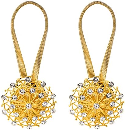 Nekeis, Gold Magnetic Curtain Tiebacks2 Pack Sparkle Crystal Flower Curtain Clips Buckle No Drilling Magnetic Window Drapery Decorative with Stretchable Wire Rope for Home Office Decoration