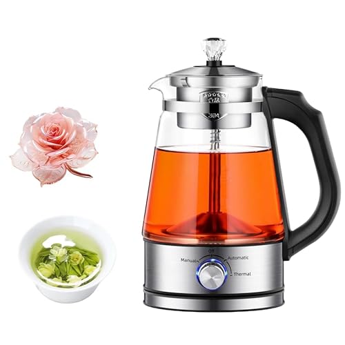 COMEDYKING電気ケトル、ガラスケトル、保温機能付き4ポジションノブ、オフィスティーメーカー、1L大容量、全自動家庭用ティーメーカー、ガラス製電気ケトルとコーヒーポット、電気ケトル、空沸騰防止機能、耐熱ガラス、熱湯バス、ティーフィルター (1L)