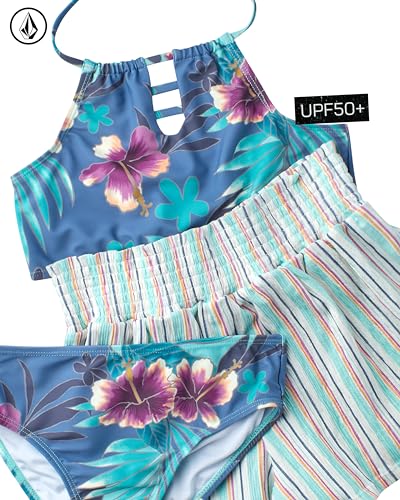 Image of Volcom Girls' Swimsuit Set - 3 Piece UPF50+ High Neck Bikini Top, Bikini Bottom and Matching Swim Shorts for Girls (2T-16)