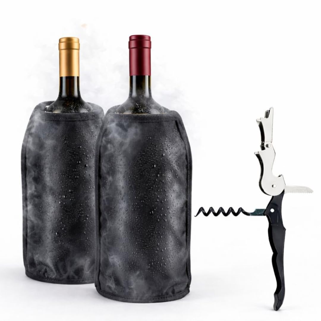 Pack 2 Enfriadores de Botellas de Vino + Sacacorchos Camarero | Funda Enfriadora con Gel Refrigerante Interior | Manga Enfriadora para Vino, Cava y Champagne | 15,5x22,5 cm (negro)