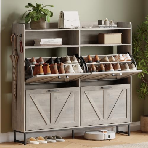 Image of Shoe Cabinet with 4 Flip Drawers, Freestanding Hidden Shoe Storage Organizer for Entryway, Narrow Slim Shoe Rack Cabinet with Open Storage & Hooks for Front Door Entrance, Living Room, Hallway, Grey