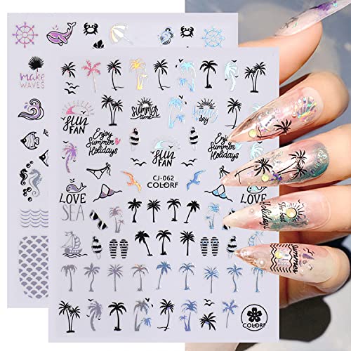 9 Sheets Summer Nail Art Stickers Laser Bronzing Nail Decals Design 3D Self-Adhesive Art Supplies Ocean Animals Flower Leaves Mermaid Beach Nail Stickers Accessories For Women Diy Manicure Decorations #TOP4