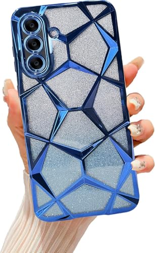 Image of VONZEE Gradient Glitter Case for Samsung A36, Luxury Electroplated 3D Cube, Diamond Bling Shiny Soft TPU Clear Shockproof Women Girls Protective Phone Cover (Blue)