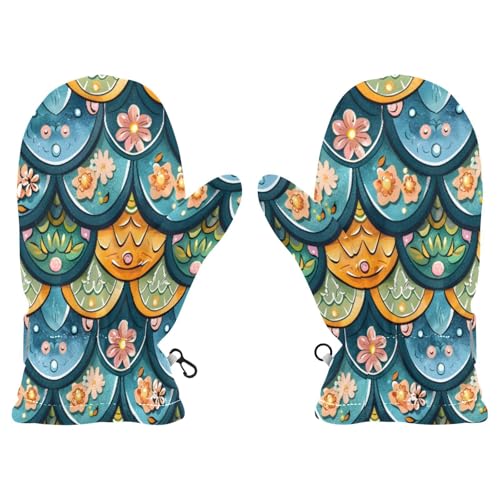 Kid's Winter Gloves Children Warm Gloves Fantasy Mermaid Scale Pattern with Many Flowers for Boys Girl Age 2-4 Years