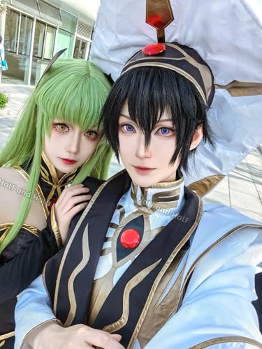 Image of Half and Half Long Straight Green Anime Cosplay Wig Deep Green Women's Wigs with Bangs 31.5'' Green Wig for Halloween Party Costumes
