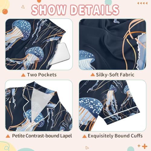 senya Jellyfish on A Dark Satin Summer Pajama Sets Silk Short Sleeve Button Down Sleepwear3