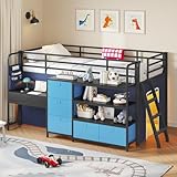 Twin Low Loft Bed for Kids with Built-in Desk, 6 Storage Drawers, Open Bookshelf, Under-Bed Play Tent with LED Lights, Metal Twin Size Loft Beds with Safety Guardrail & Inclined Ladder, Blue and Black