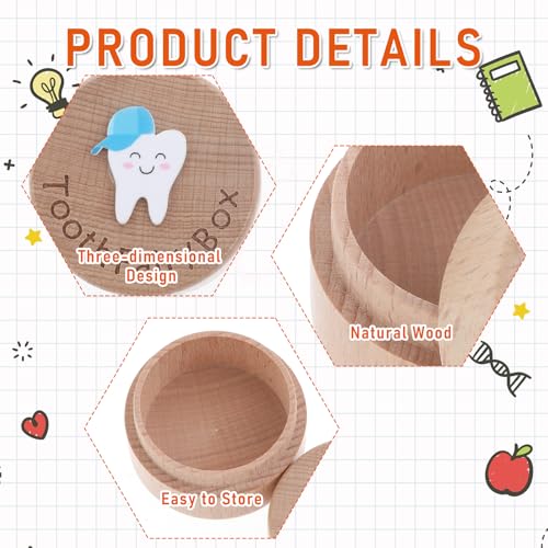 Aeaocvo Tooth Fairy Box Wooden Tooth Keepsake Box with 3D Tooth, Cute Lost Tooth Holder for Kids' First Lost Teeth - Image 2