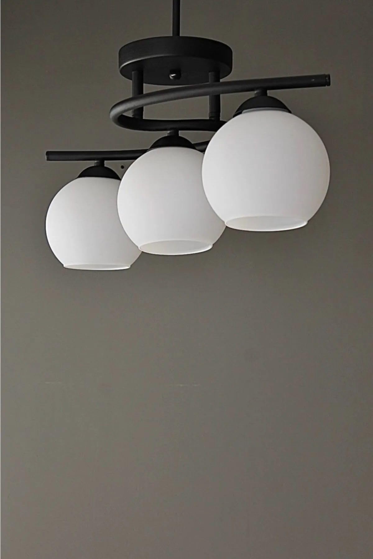 Fer Avize Fuji Modern Dekoratif Siyah Renk Beyaz Camlı Salon - Mutfak - Yatak Odası 3 lü Avize