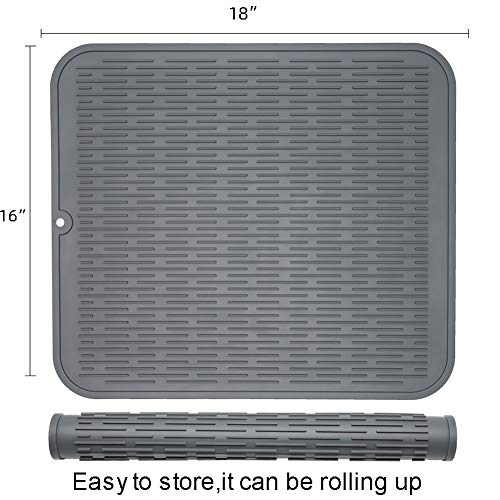 Zlr Silicone Dish Drying Mat For Kitchen Counter- Eco Friendly Food Grade Silicone Drying Mat - Easy To Clean Heat Resistant Multiple Usage Dish Mat - Xl (16 Inches X 18 Inches) - Gray #TOP1