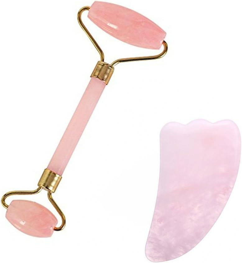 Jade Rose Quartz Double Roller Massager, Premium Anti Aging Jade Roller for Face 100% Natural Gemstones with gua sha Scraping Massage Tool, Neck Skin Rejuvenation and Body Relaxation