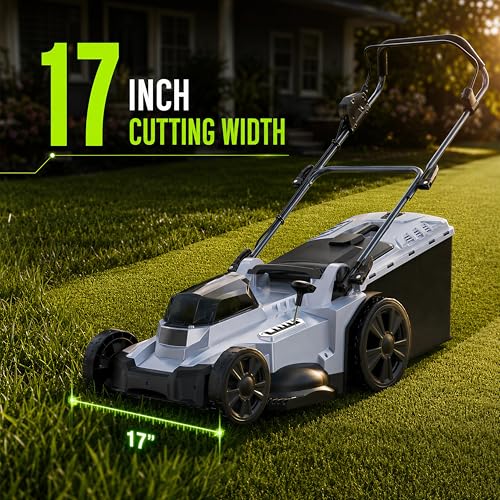 Image of 40V Cordless Lawn Mower, 17 inch Walk Behind Electric 4.0 Ah Battery Powered Lawnmower, with 50L Grass Bag, Brushless Motor, 6 Adjustable Cutting Heights, for Garden /Patio /Yark /Lawn - White
